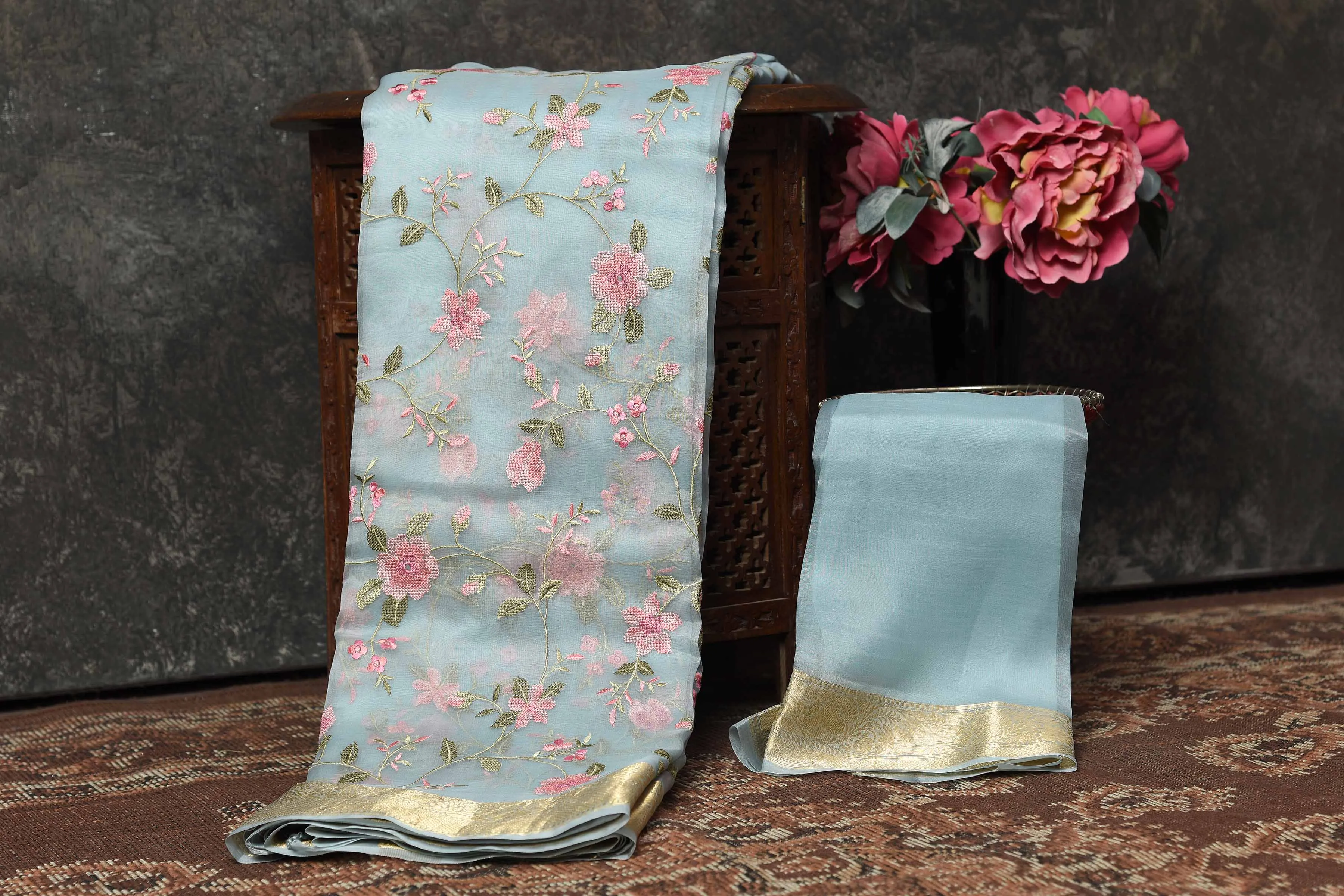 90N500 Powder Blue Embroidered Organza Sari with Zari Border