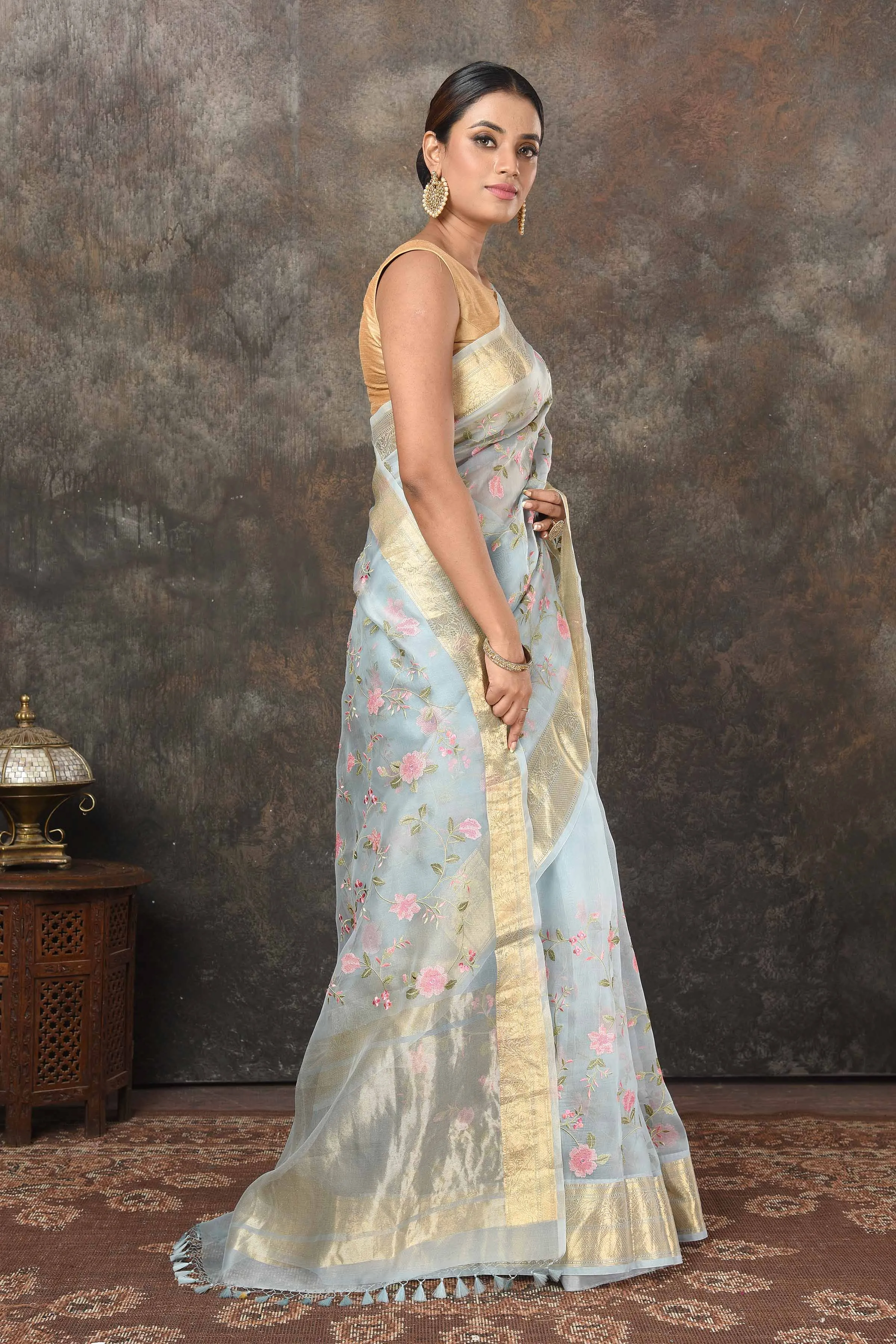 90N500 Powder Blue Embroidered Organza Sari with Zari Border