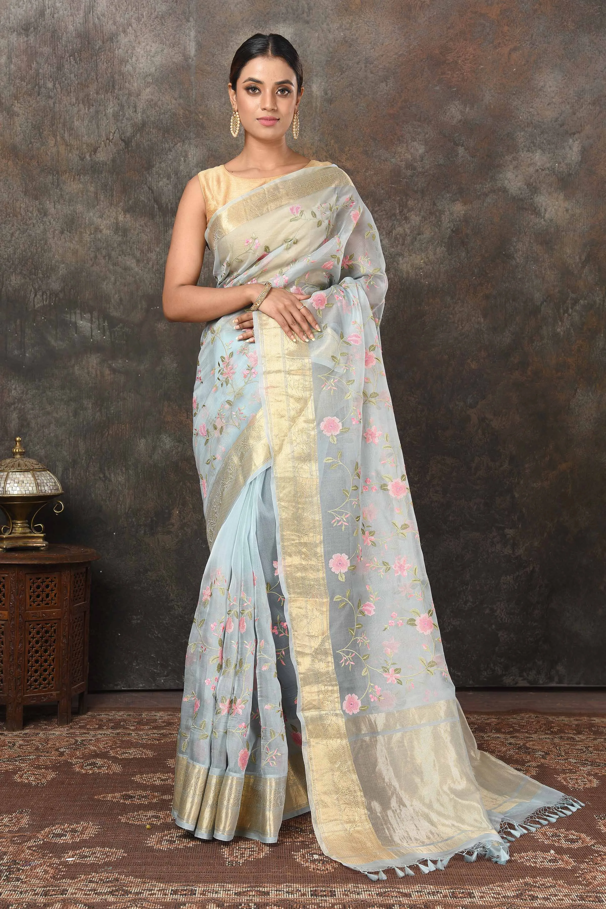 90N500 Powder Blue Embroidered Organza Sari with Zari Border