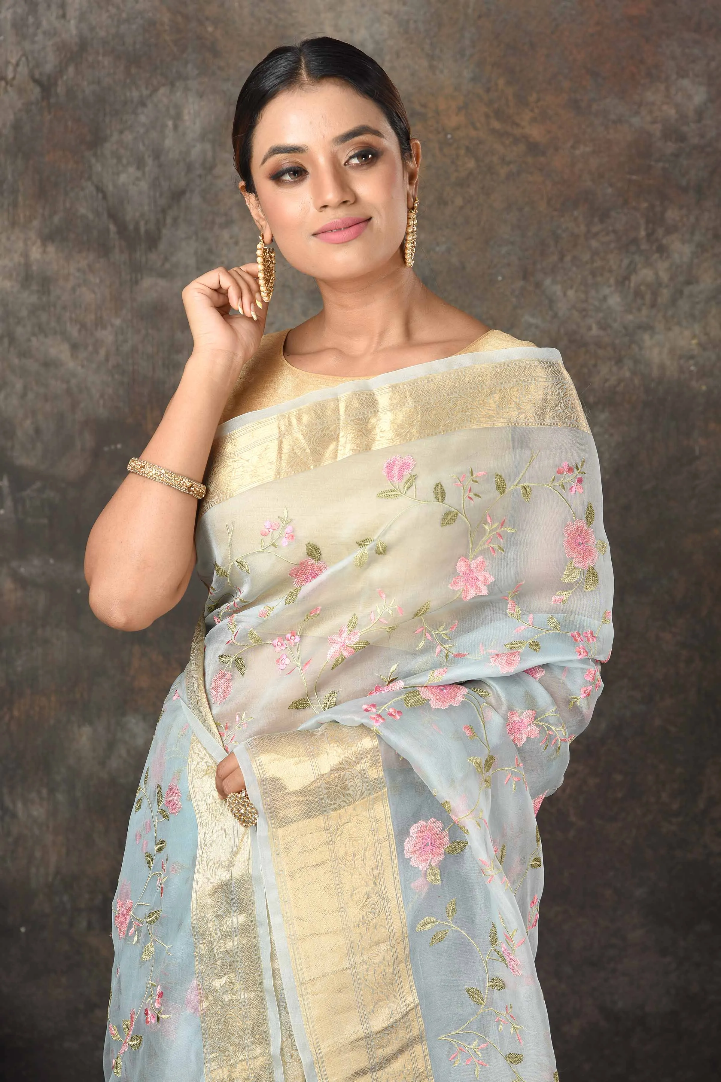 90N500 Powder Blue Embroidered Organza Sari with Zari Border