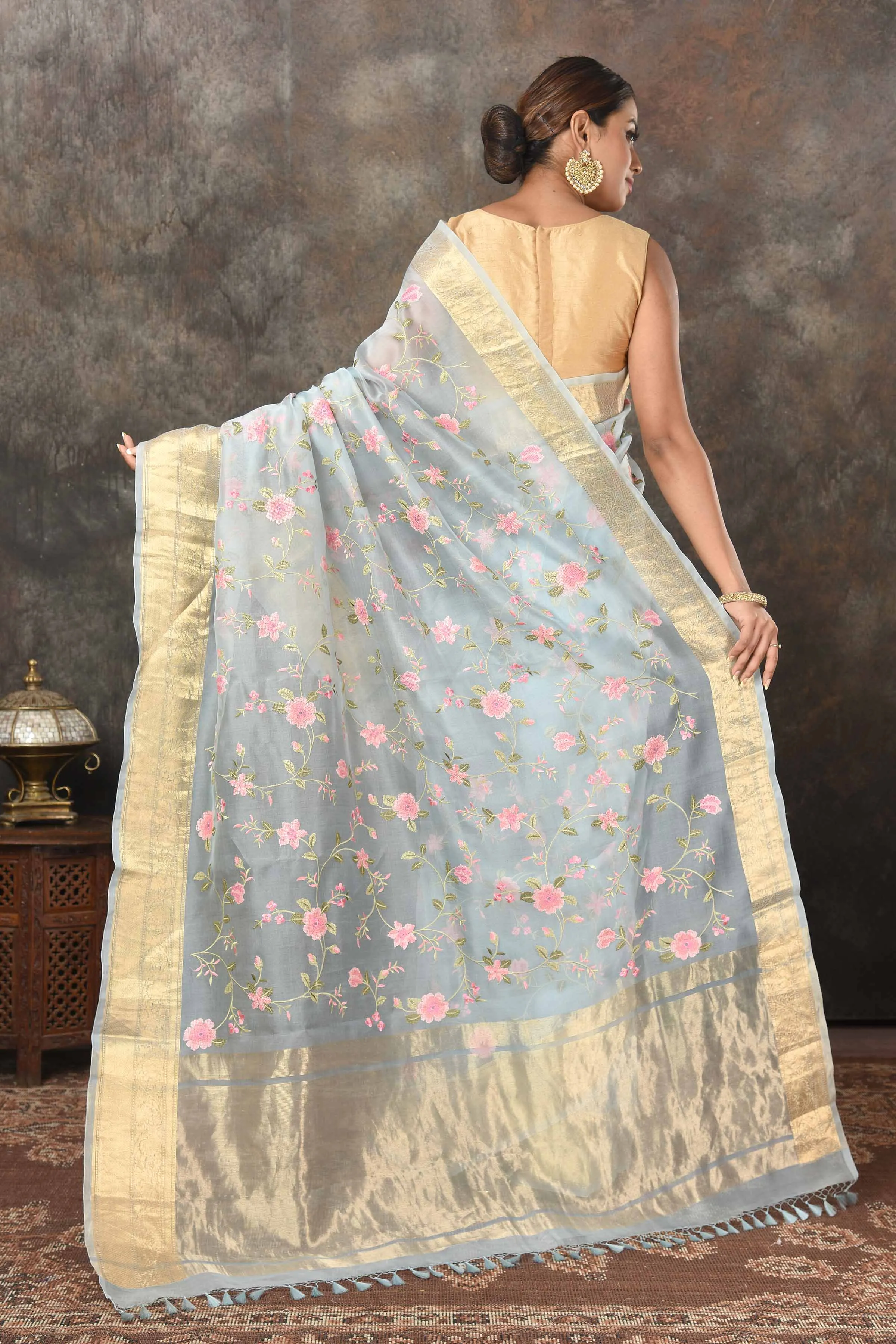 90N500 Powder Blue Embroidered Organza Sari with Zari Border