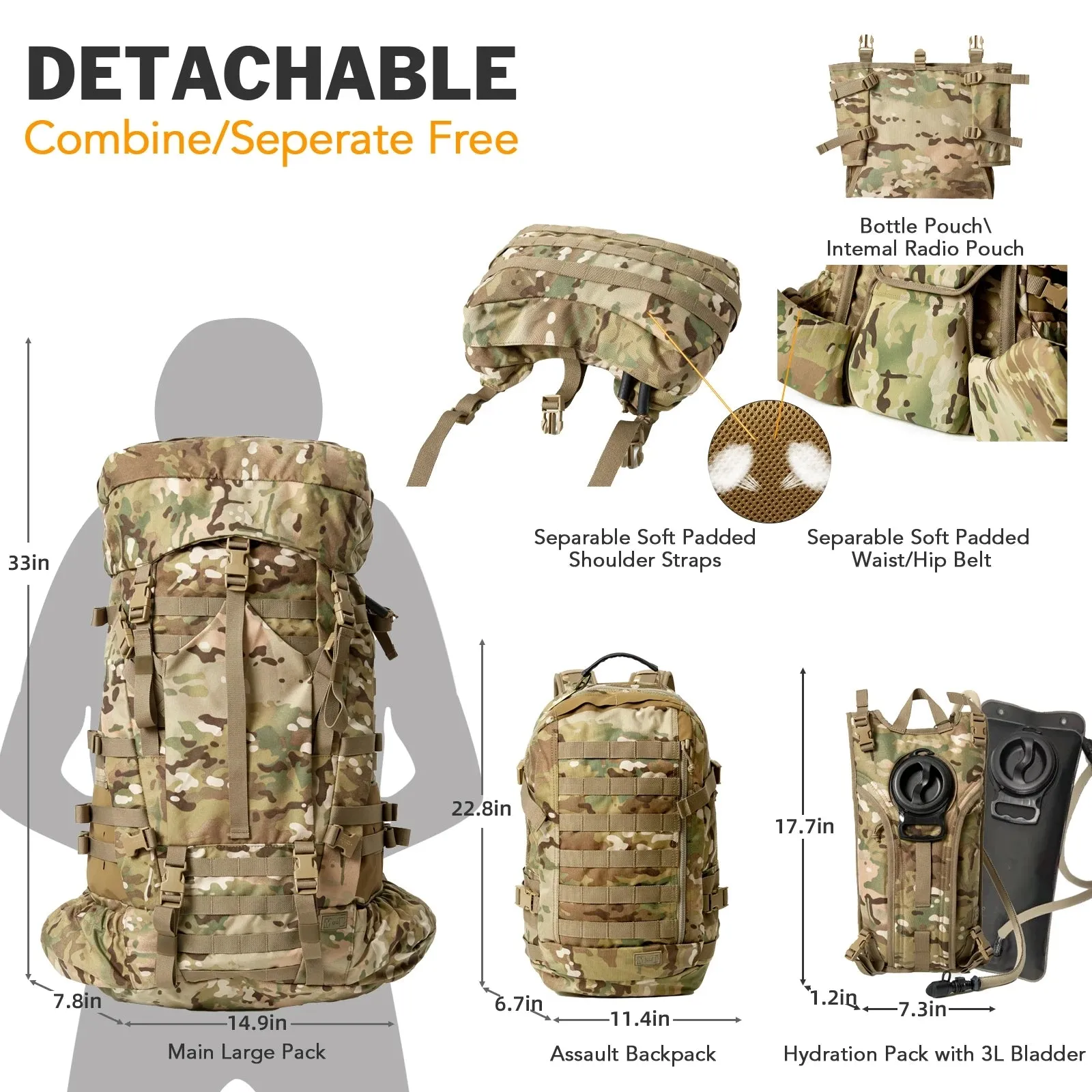 AKmax Large Rucksack with Detacheable Tactical Backpack Hydration Pack Shoulder Straps and Waist Belt Multicam